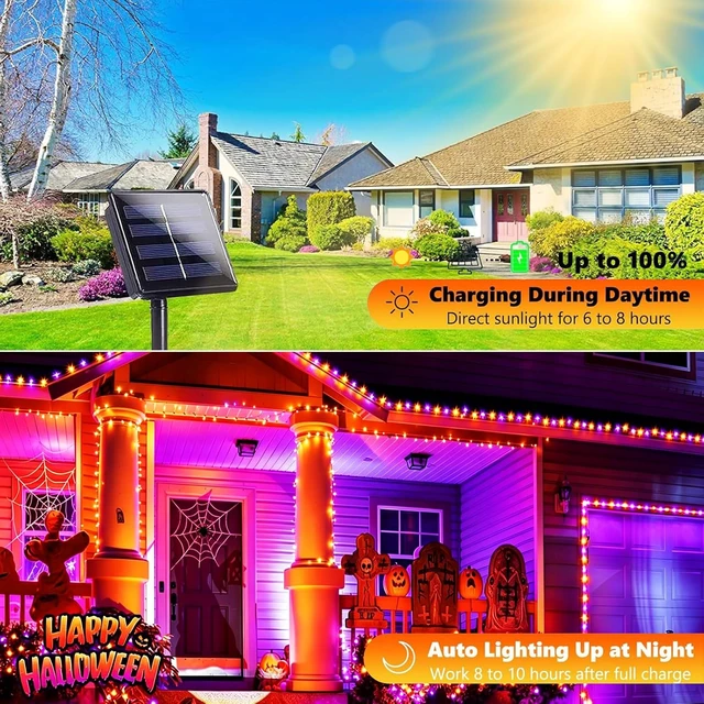 Alt view image 4 of 7 - Jedavai 6Pack 240FT 600 LED Solar Halloween String Lights, Orange & Purple Solar Lights Outdoor with 8 Lighting Modes Waterproof Solar Fairy Lights for Garden Yard Patio Party Tree Decoration