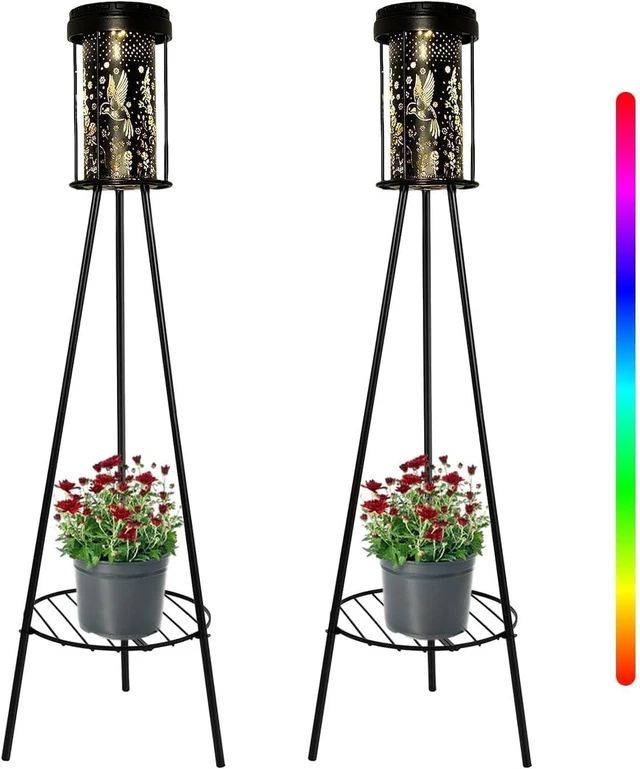 Main image of Solar Floor Lamp Outdoor Waterproof 2 Pack, Hummingbird Projection, RGB 5 Modes & 3000K Warm White, USB-C Charging, IP44, Metal Plant Stand for Patio Porch Garden Deck Yard Walkway Decor