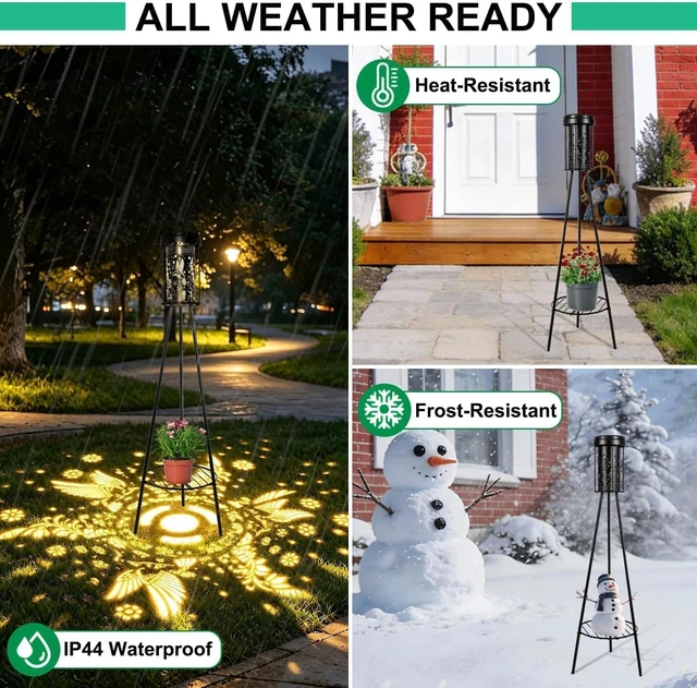 Alt view image 2 of 7 - Solar Floor Lamp Outdoor Waterproof 2 Pack, Hummingbird Projection, RGB 5 Modes & 3000K Warm White, USB-C Charging, IP44, Metal Plant Stand for Patio Porch Garden Deck Yard Walkway Decor
