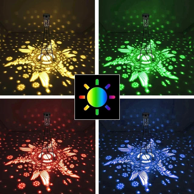 Alt view image 3 of 7 - Solar Floor Lamp Outdoor Waterproof 2 Pack, Hummingbird Projection, RGB 5 Modes & 3000K Warm White, USB-C Charging, IP44, Metal Plant Stand for Patio Porch Garden Deck Yard Walkway Decor
