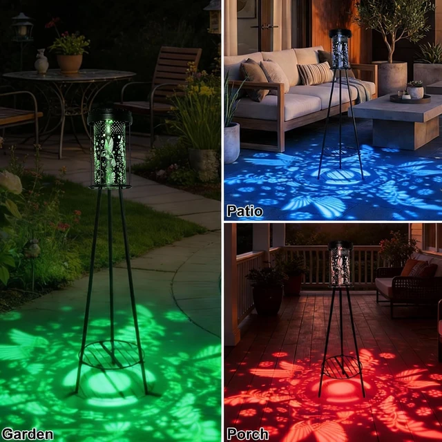 Alt view image 6 of 7 - Solar Floor Lamp Outdoor Waterproof 2 Pack, Hummingbird Projection, RGB 5 Modes & 3000K Warm White, USB-C Charging, IP44, Metal Plant Stand for Patio Porch Garden Deck Yard Walkway Decor