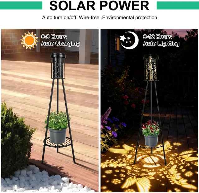 Alt view image 4 of 7 - Solar Floor Lamp Outdoor Waterproof 2 Pack, Hummingbird Projection, RGB 5 Modes & 3000K Warm White, USB-C Charging, IP44, Metal Plant Stand for Patio Porch Garden Deck Yard Walkway Decor