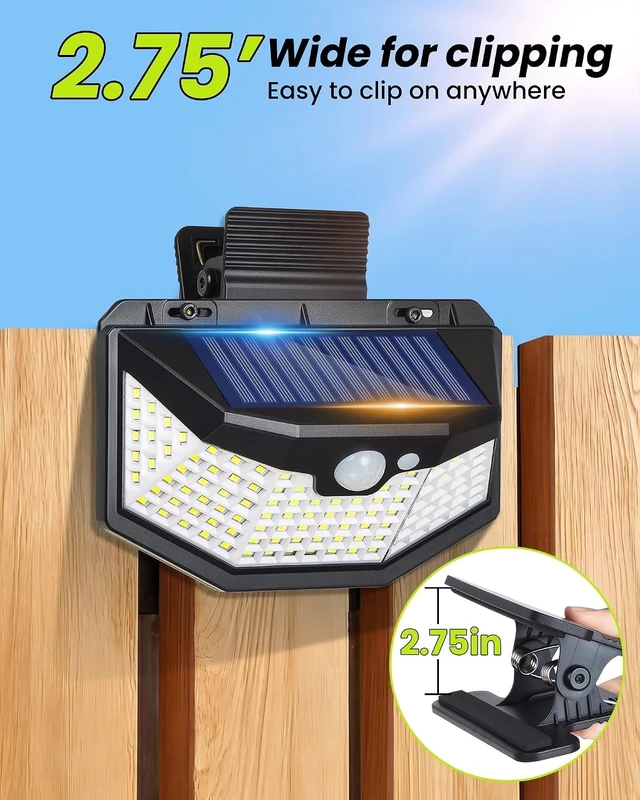 Alt view image 2 of 7 - Clip on Solar Lights Outdoor with Motion Sensor, 800LM & 270° Wide Angle Solar Fence Lights Outdoor Waterproof with 115 LEDs, 3 Modes & Portable Security Lights for Chain Link Patio Deck Yard (2Pack)