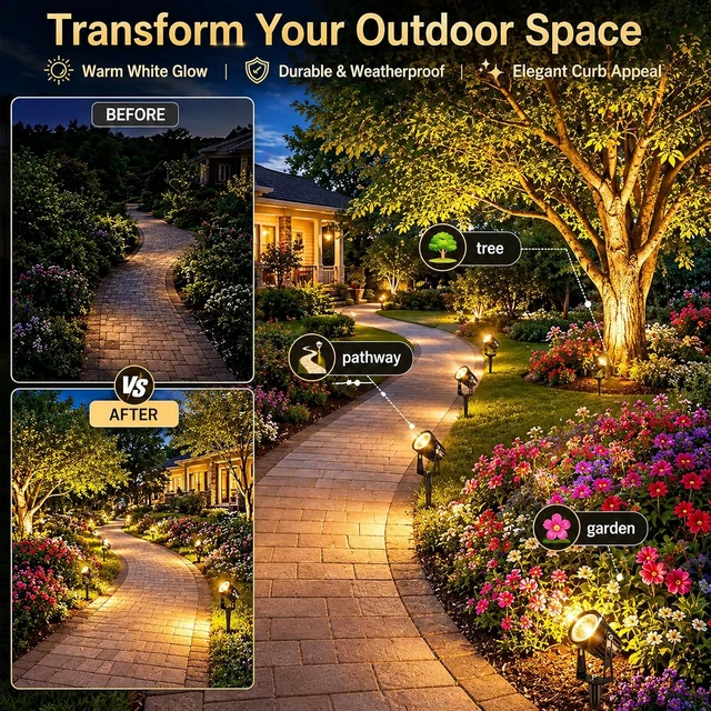 Alt view image 4 of 7 - Plug and Play Low Voltage Landscape Lighting Kit, 8-Pack Wired Landscape Lights with Transformer, Warm White Waterproof Outdoor LED SpotLights for Yard, Garden, Pathway, Tree