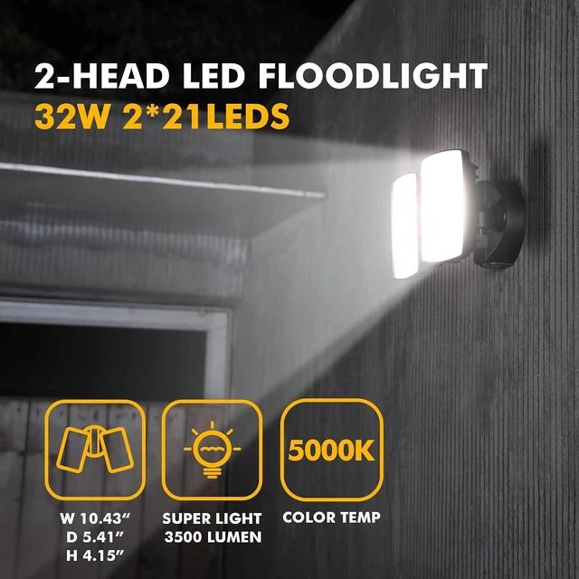 Alt view image 3 of 7 - LUTEC LED 3500 Lumen 32W 5000K Integrated Dual-Head Floodlight Outdoor Dusk to Dawn Waterproof Exterior Security Wall Light for Patio Garden Yard