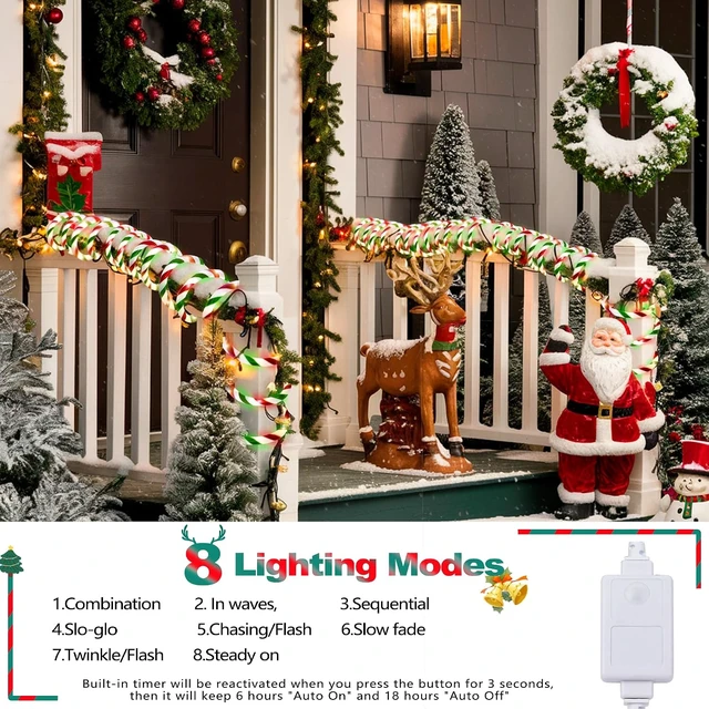 Alt view image 2 of 7 - Toodour Christmas Candy Cane Lights, 50ft 360 LED Candy Cane Rope Lights Outdoor with 8 Modes, Connectable, Timer, Waterproof Red White Green Christmas Light for Garden Patio Bedroom Party Xmas Decor