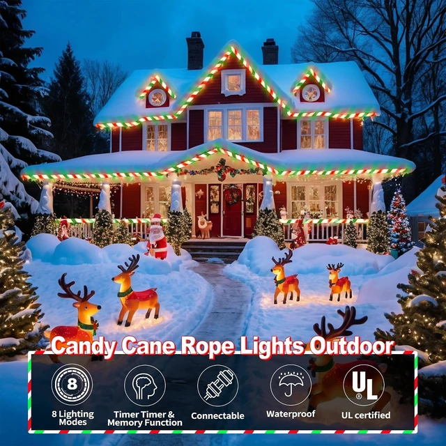 Alt view image 3 of 7 - Toodour Christmas Candy Cane Lights, 50ft 360 LED Candy Cane Rope Lights Outdoor with 8 Modes, Connectable, Timer, Waterproof Red White Green Christmas Light for Garden Patio Bedroom Party Xmas Decor