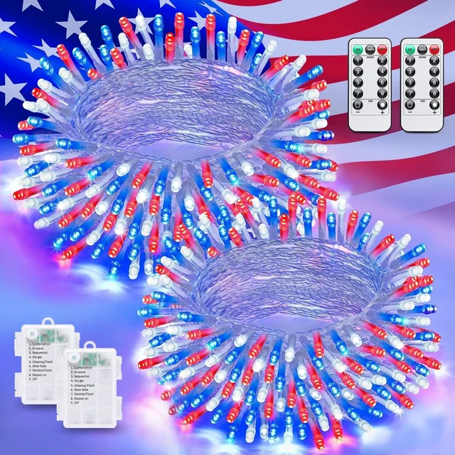Main image of JMEXSUSS 2 Pack Red White and Blue Lights Outdoor, Each 33ft 100 LED