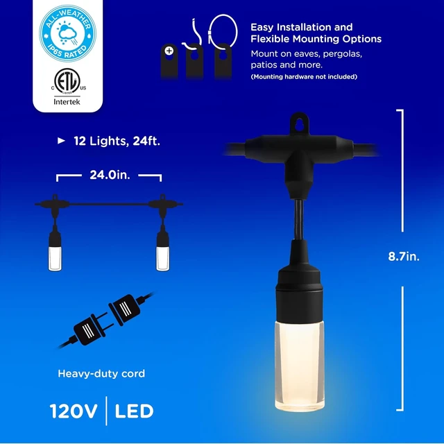 Alt view image 6 of 6 - Enbrighten Modern Outdoor String Lights, 24ft, 12 Bulbs, White Light Only