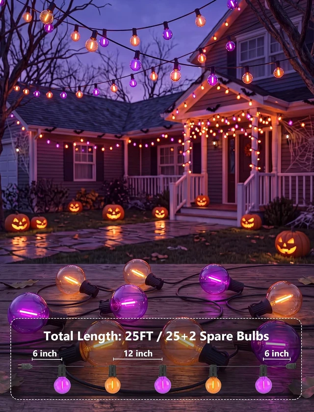 Alt view image 2 of 7 - Purple and Orange Halloween Lights, 25FT 27 Count Halloween G40 LED String Lights, Indoor Decoration Lights for Outdoor Patio Home Party Garden Yard-Black Wire