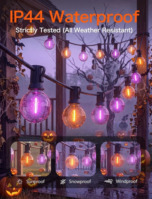 Alt view image 4 of 7 - Purple and Orange Halloween Lights, 25FT 27 Count Halloween G40 LED String Lights, Indoor Decoration Lights for Outdoor Patio Home Party Garden Yard-Black Wire
