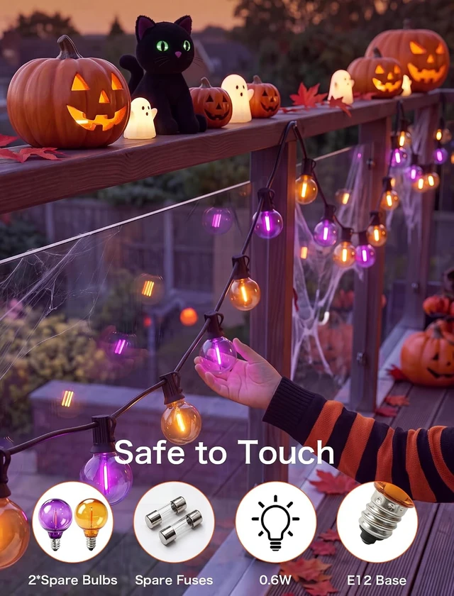 Alt view image 5 of 7 - Purple and Orange Halloween Lights, 25FT 27 Count Halloween G40 LED String Lights, Indoor Decoration Lights for Outdoor Patio Home Party Garden Yard-Black Wire
