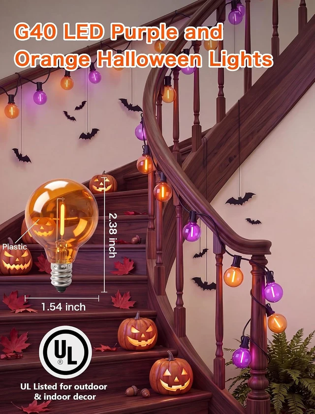 Alt view image 3 of 7 - Purple and Orange Halloween Lights, 25FT 27 Count Halloween G40 LED String Lights, Indoor Decoration Lights for Outdoor Patio Home Party Garden Yard-Black Wire