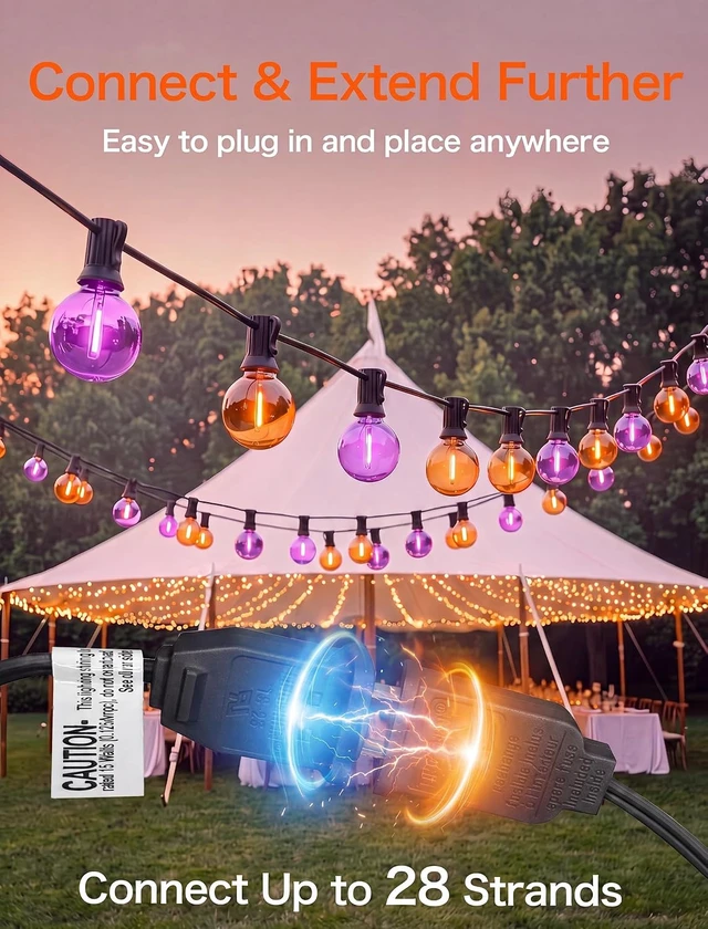 Alt view image 6 of 7 - Purple and Orange Halloween Lights, 25FT 27 Count Halloween G40 LED String Lights, Indoor Decoration Lights for Outdoor Patio Home Party Garden Yard-Black Wire