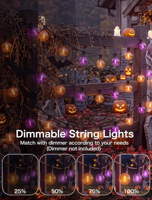 Alt view image 7 of 7 - Purple and Orange Halloween Lights, 25FT 27 Count Halloween G40 LED String Lights, Indoor Decoration Lights for Outdoor Patio Home Party Garden Yard-Black Wire