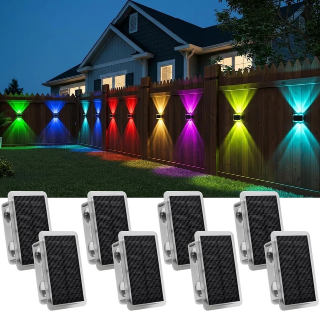 Main image of Up Down Glowing Solar Fence Lights with 8 Modes 6 Color, RGB Color Changing & Warm White Solar Powered Outdoor Lights for Holiday Decor, IP65 Waterproof LED Wall light for Patio,Pool,Stair,Deck-8 Pack