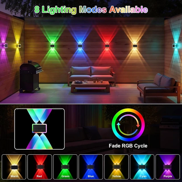 Alt view image 2 of 7 - Up Down Glowing Solar Fence Lights with 8 Modes 6 Color, RGB Color Changing & Warm White Solar Powered Outdoor Lights for Holiday Decor, IP65 Waterproof LED Wall light for Patio,Pool,Stair,Deck-8 Pack