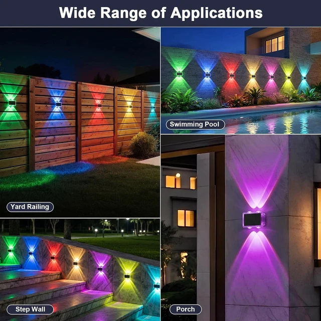 Alt view image 3 of 7 - Up Down Glowing Solar Fence Lights with 8 Modes 6 Color, RGB Color Changing & Warm White Solar Powered Outdoor Lights for Holiday Decor, IP65 Waterproof LED Wall light for Patio,Pool,Stair,Deck-8 Pack
