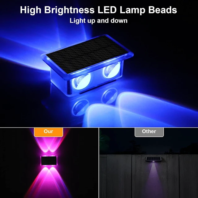 Alt view image 4 of 7 - Up Down Glowing Solar Fence Lights with 8 Modes 6 Color, RGB Color Changing & Warm White Solar Powered Outdoor Lights for Holiday Decor, IP65 Waterproof LED Wall light for Patio,Pool,Stair,Deck-8 Pack