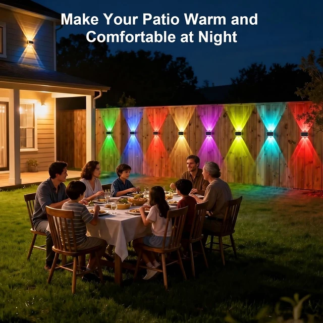 Alt view image 5 of 7 - Up Down Glowing Solar Fence Lights with 8 Modes 6 Color, RGB Color Changing & Warm White Solar Powered Outdoor Lights for Holiday Decor, IP65 Waterproof LED Wall light for Patio,Pool,Stair,Deck-8 Pack