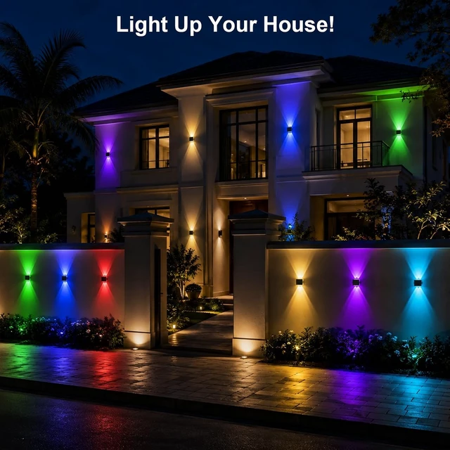 Alt view image 6 of 7 - Up Down Glowing Solar Fence Lights with 8 Modes 6 Color, RGB Color Changing & Warm White Solar Powered Outdoor Lights for Holiday Decor, IP65 Waterproof LED Wall light for Patio,Pool,Stair,Deck-8 Pack