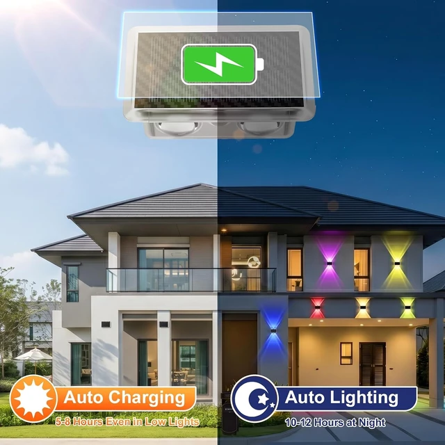 Alt view image 7 of 7 - Up Down Glowing Solar Fence Lights with 8 Modes 6 Color, RGB Color Changing & Warm White Solar Powered Outdoor Lights for Holiday Decor, IP65 Waterproof LED Wall light for Patio,Pool,Stair,Deck-8 Pack