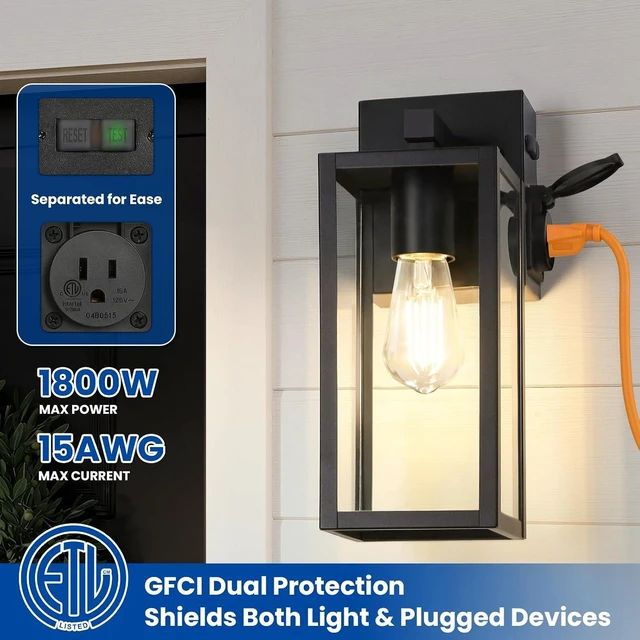 Alt view image 2 of 7 - Outdoor Wall Light with GFCI Outlet, Dusk to Dawn Porch Light with Clear Glass and E26 Socket, Waterproof Anti-Rust Aluminum Exterior Lighting, Black Outside Lights for Patio, Front Door, Garage