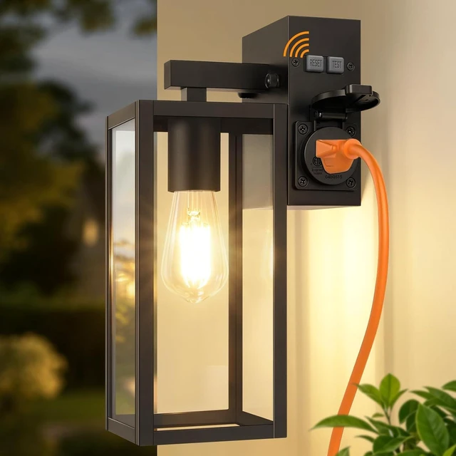 Main image of Outdoor Wall Light with GFCI Outlet, Dusk to Dawn Porch Light with Clear Glass and E26 Socket, Waterproof Anti-Rust Aluminum Exterior Lighting, Black Outside Lights for Patio, Front Door, Garage