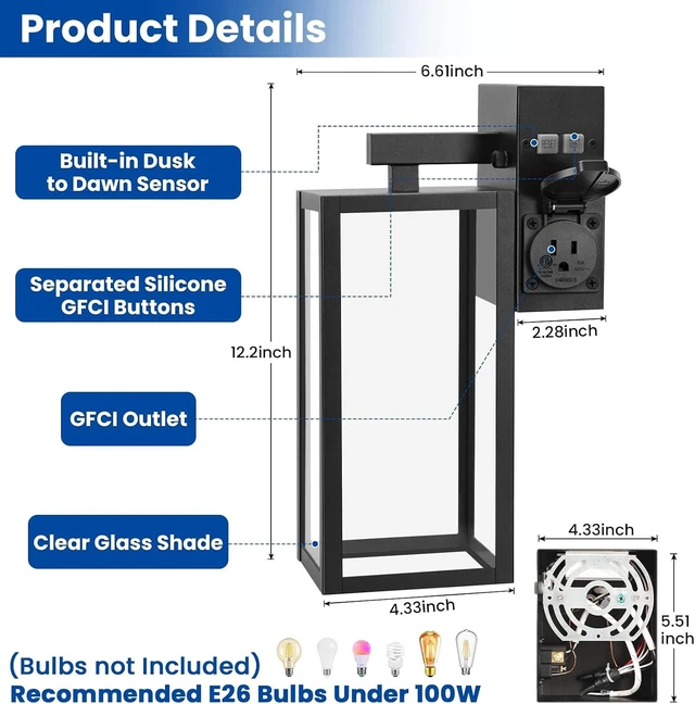 Alt view image 6 of 7 - Outdoor Wall Light with GFCI Outlet, Dusk to Dawn Porch Light with Clear Glass and E26 Socket, Waterproof Anti-Rust Aluminum Exterior Lighting, Black Outside Lights for Patio, Front Door, Garage