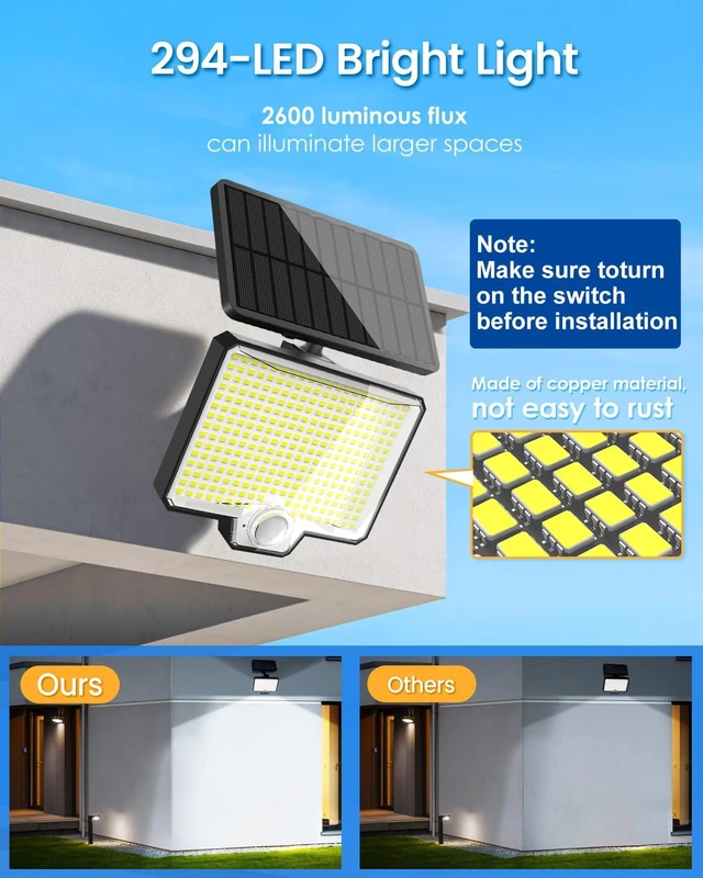 Alt view image 3 of 6 - AUDERWIN 294 LED Split Solar Motion Sensor Outdoor Lights, 2600Lm Solar Flood Lights, IP67 Waterproof Outside Solar Powered Security Spot Lights for Porch Patio Yard Garage Fence Garden, 2 Pack Black