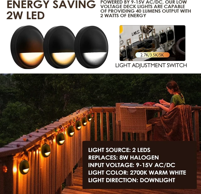 Alt view image 4 of 7 - LED Low Voltage Deck Lights Outdoor Waterproof,6-Pack 3CCT Deck Lighting Fixtures Landscape Step,3W,12V-24V AC/DC Die-cast Aluminum Housing Fence Lamp Wired 2700K/3500K/5000K (Black)