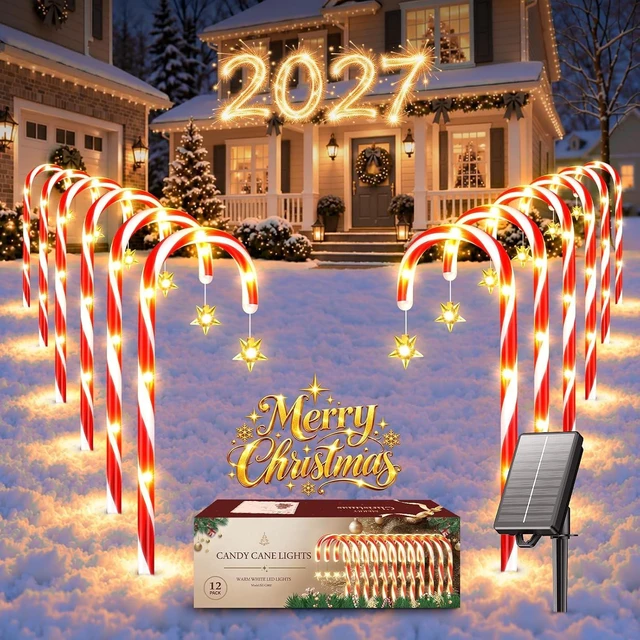 Main image of 12 Pack Solar Candy Cane Lights Outdoor, Christmas Pathway Lights Decor