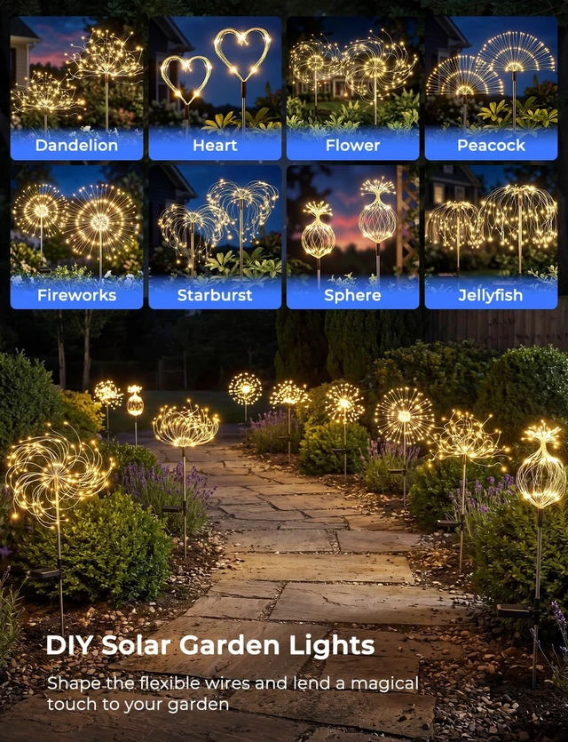 Alt view image 2 of 7 - Brightown 4 Pack Garden Decor Solar Lights Outdoor Decorative,150LED Firework Lights for Outside,8 Modes Solar Powered Stake Fairy Light for Yard Pathway Flowerbed Patio Christmas Decor,Warm White