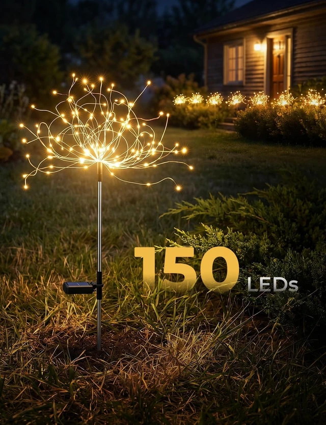 Alt view image 5 of 7 - Brightown 4 Pack Garden Decor Solar Lights Outdoor Decorative,150LED Firework Lights for Outside,8 Modes Solar Powered Stake Fairy Light for Yard Pathway Flowerbed Patio Christmas Decor,Warm White