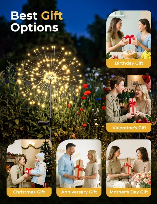 Alt view image 6 of 7 - Brightown 4 Pack Garden Decor Solar Lights Outdoor Decorative,150LED Firework Lights for Outside,8 Modes Solar Powered Stake Fairy Light for Yard Pathway Flowerbed Patio Christmas Decor,Warm White