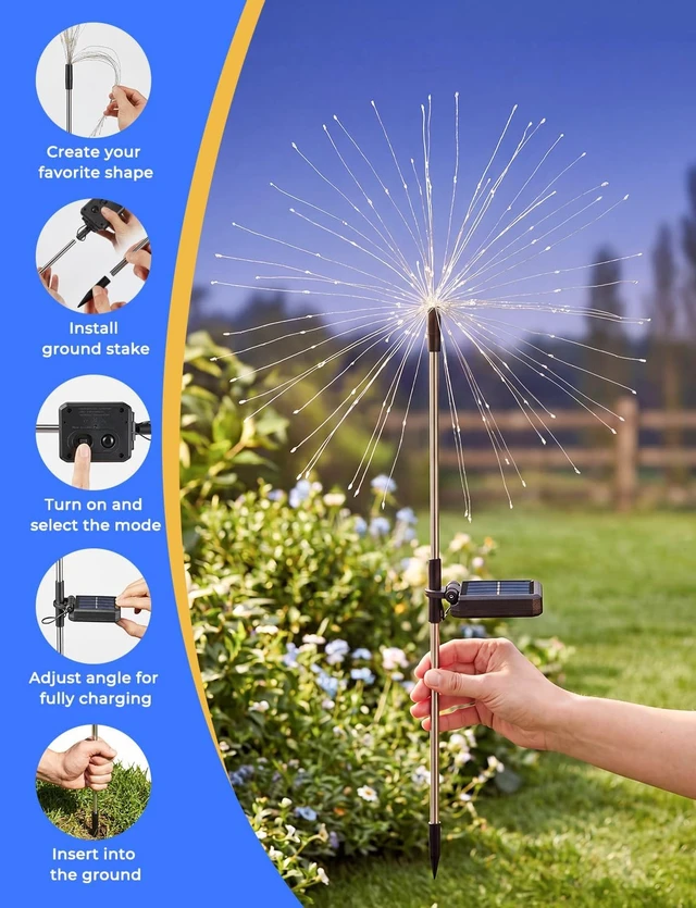 Alt view image 7 of 7 - Brightown 4 Pack Garden Decor Solar Lights Outdoor Decorative,150LED Firework Lights for Outside,8 Modes Solar Powered Stake Fairy Light for Yard Pathway Flowerbed Patio Christmas Decor,Warm White