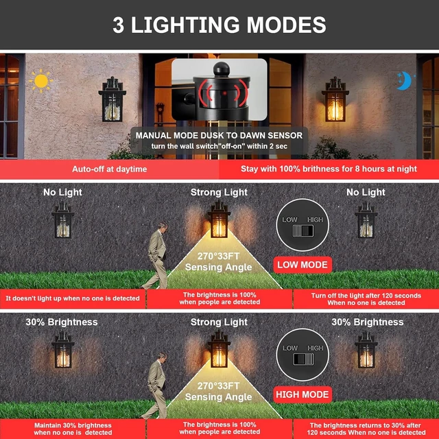 Alt view image 4 of 7 - 2 pack Porch Lights with GFCI Outlet,Dusk to Dawn Motion Sensor Outdoor Lights,3 Lighting Modes Black Front Door Lights,Waterproof Exterior Light Fixture,Outside Wall lamp for House Patio Garage
