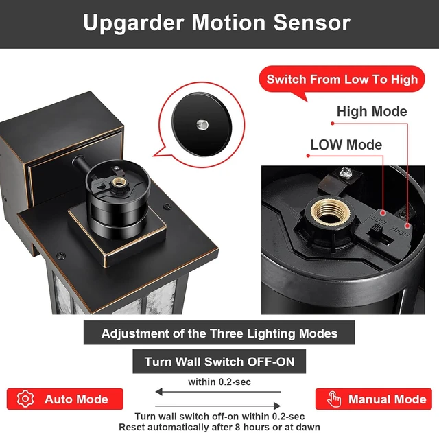 Alt view image 3 of 7 - 2 pack Porch Lights with GFCI Outlet,Dusk to Dawn Motion Sensor Outdoor Lights,3 Lighting Modes Black Front Door Lights,Waterproof Exterior Light Fixture,Outside Wall lamp for House Patio Garage