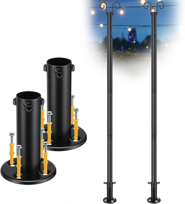 Main image of String Light Poles for Outside Deck 2 Pack 8FTHeavy Duty Metal Garden Outdoor Light Poles for Solar String Light Bulbs Hanging Kit for Yard Garden Fence Post Deck Party Wedding