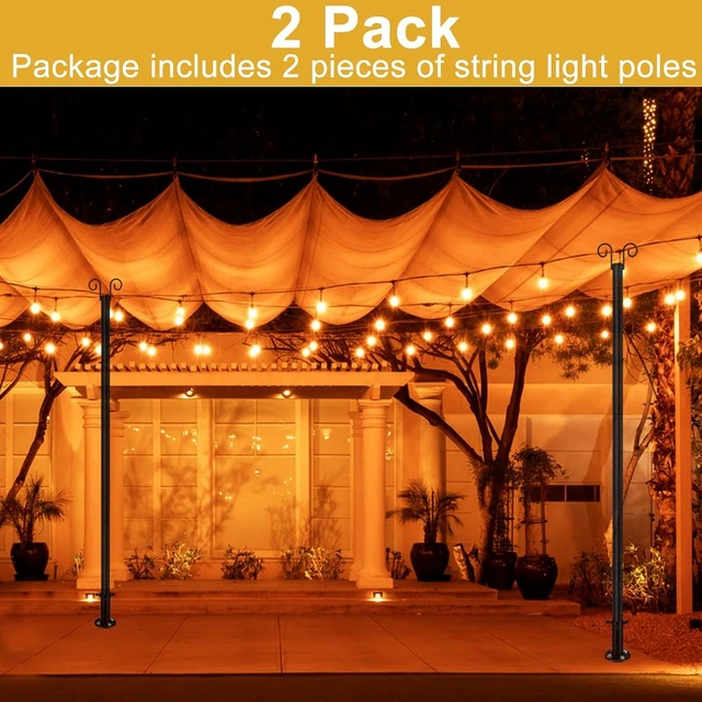 Alt view image 7 of 7 - String Light Poles for Outside Deck 2 Pack 8FTHeavy Duty Metal Garden Outdoor Light Poles for Solar String Light Bulbs Hanging Kit for Yard Garden Fence Post Deck Party Wedding
