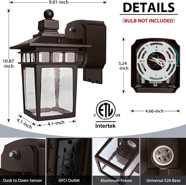 Alt view image 7 of 7 - Porch Lights with GFCI Outlet, Dusk to Dawn Outdoor Wall Light Bronze