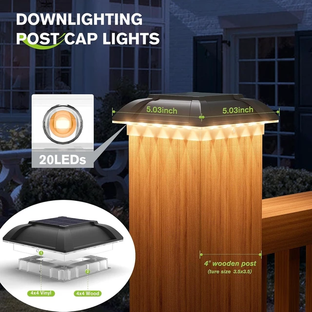 Alt view image 3 of 6 - Solar Post Cap Lights Outdoor 8pack - Downward Lighting Waterproof Deck Fence Post Solar Lights for 4x4 Wooden/Vinyl Posts, Warm White Glow, Ideal for Deck Edges/Stair Railings/Porch/Backyard Fence