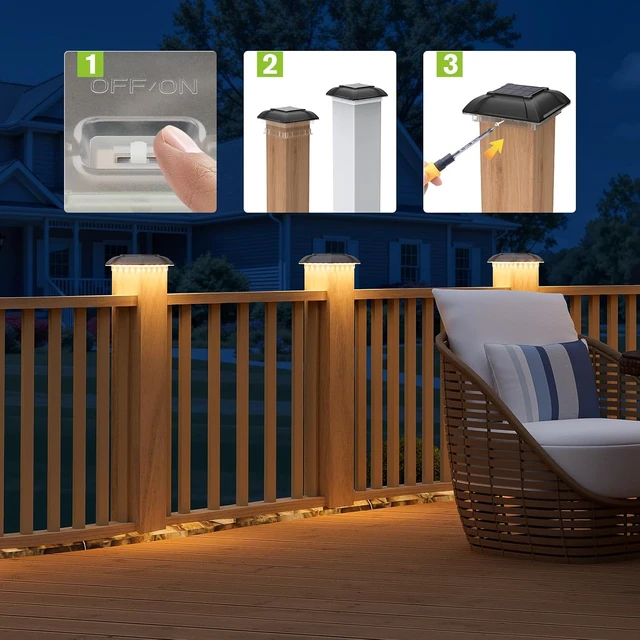 Alt view image 5 of 6 - Solar Post Cap Lights Outdoor 8pack - Downward Lighting Waterproof Deck Fence Post Solar Lights for 4x4 Wooden/Vinyl Posts, Warm White Glow, Ideal for Deck Edges/Stair Railings/Porch/Backyard Fence