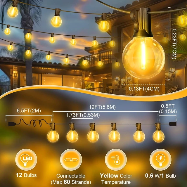 Alt view image 2 of 7 - LAMPHOME LED Outdoor String Light, 26Feet Patio Lights with12+1Edison Shatterproof Bulbs(1Spare), UL Waterproof Outside Lights connectable Dimmable for Backyard Porch Decor,Yellow