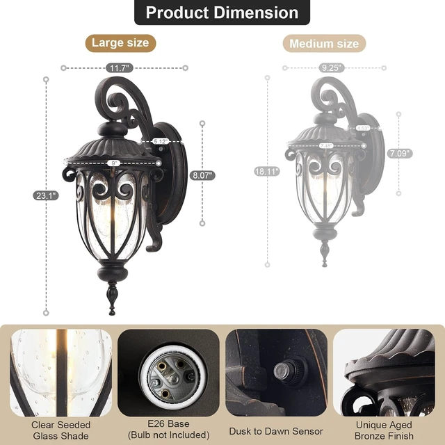 Alt view image 7 of 7 - 23 Inch Outdoor Wall Lights, Dusk to Dawn Aluminum Bronze Porch Wall Sconce, 2 Pack