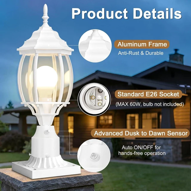 Alt view image 4 of 7 - Redluck White Dusk to Dawn Outdoor Post Light, Lamp Post Light Fixture
