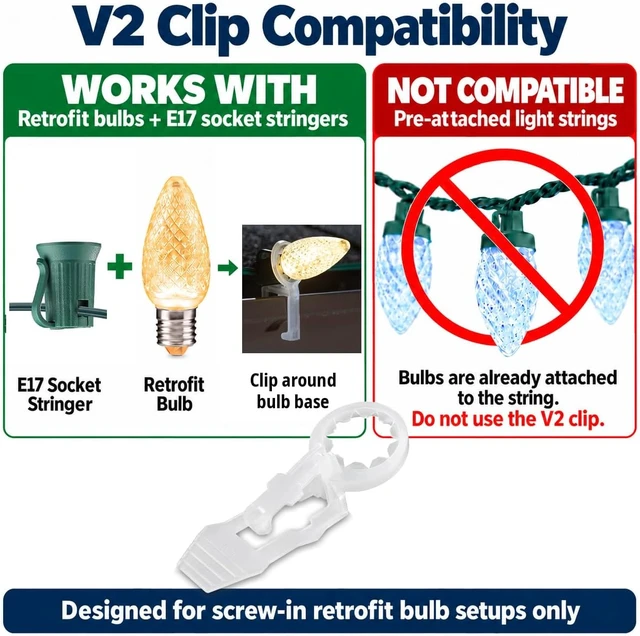 Alt view image 2 of 5 - HLO Lighting V2 Christmas Light Clips - C9 & Shingle/Gutter Clips for E17 Sockets - Durable Pack of 100