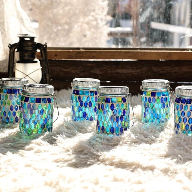 Alt view image 3 of 7 - Cooo 4 Pack Mosaic Solar Lanterns Outdoor Waterproof Handmade Patch Jar
