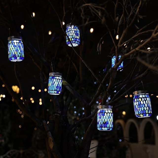 Alt view image 7 of 7 - Cooo 4 Pack Mosaic Solar Lanterns Outdoor Waterproof Handmade Patch Jar