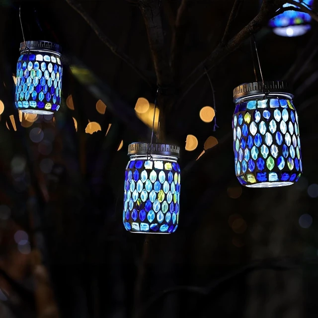Alt view image 4 of 7 - Cooo 4 Pack Mosaic Solar Lanterns Outdoor Waterproof Handmade Patch Jar